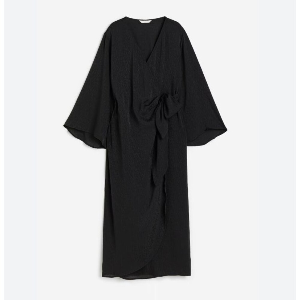 H&M Women's Black Jacquard Weave Wrap Dress Kimono Sleeves Size M Cocktail